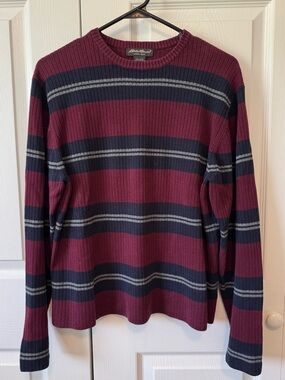 Eddie Bauer Burgundy and Navy Striped Crewneck Sweater - Women's Size Medium